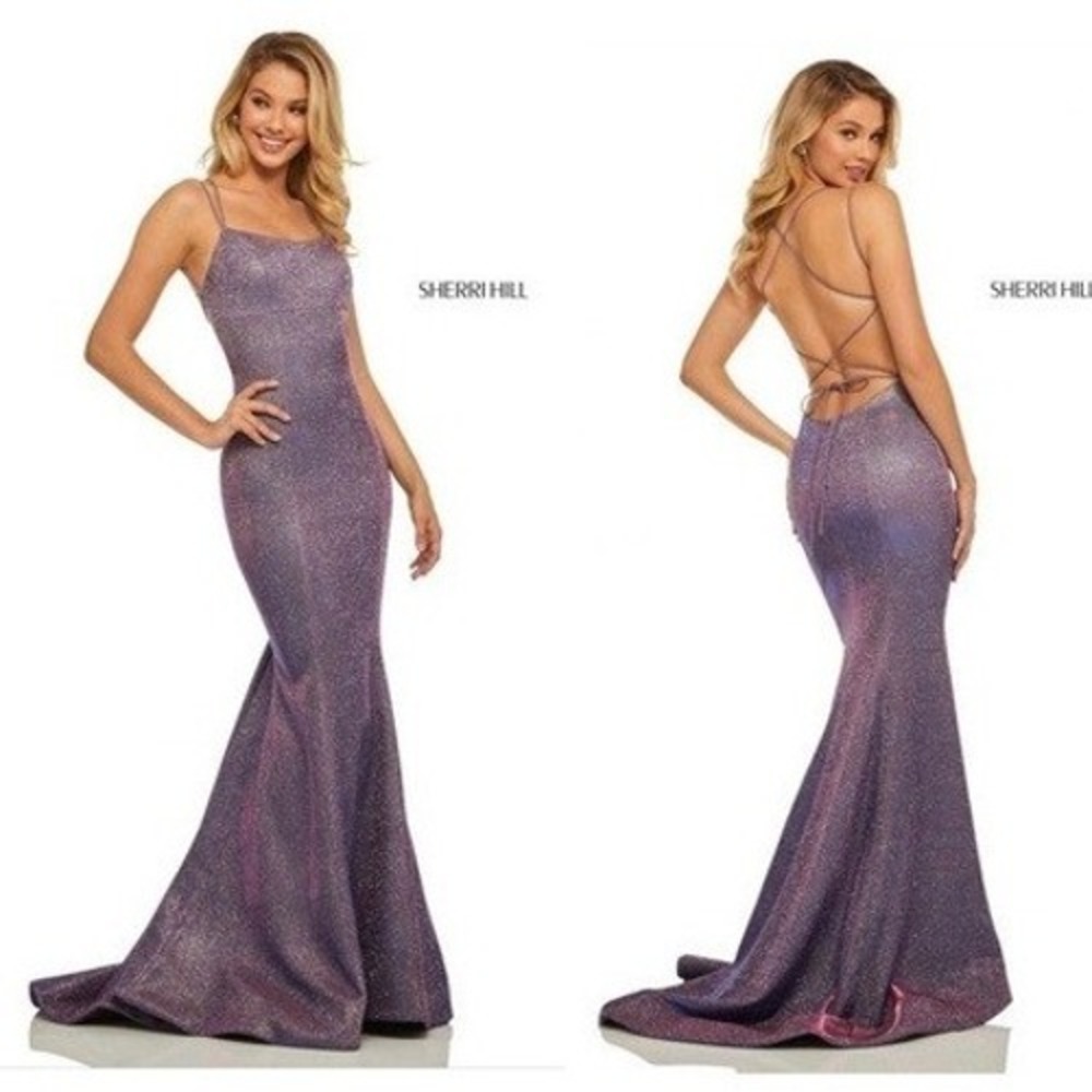 Sherri Hill Electric Purple Strappy Glitter Formal Prom Gown Dress‎ 52614 Size 4